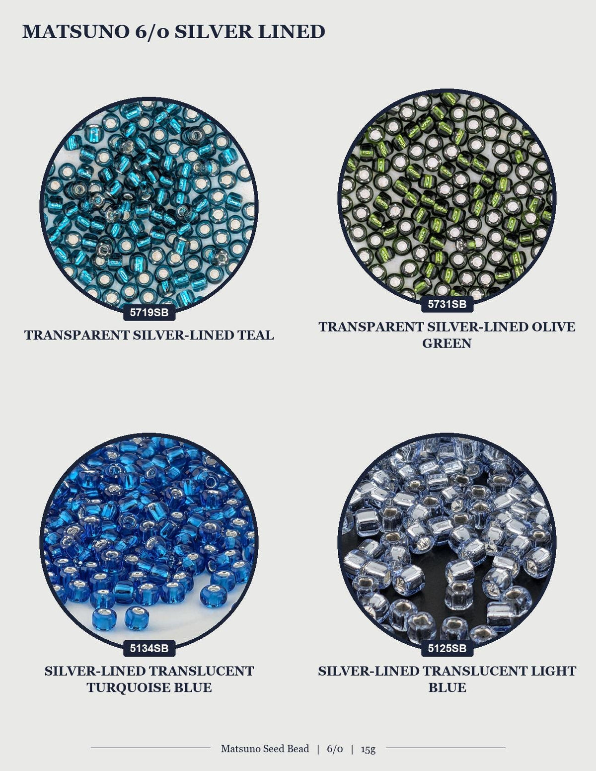 The image is a collage of four images showing different colored beads, including turquoise, silver, green, and blue.