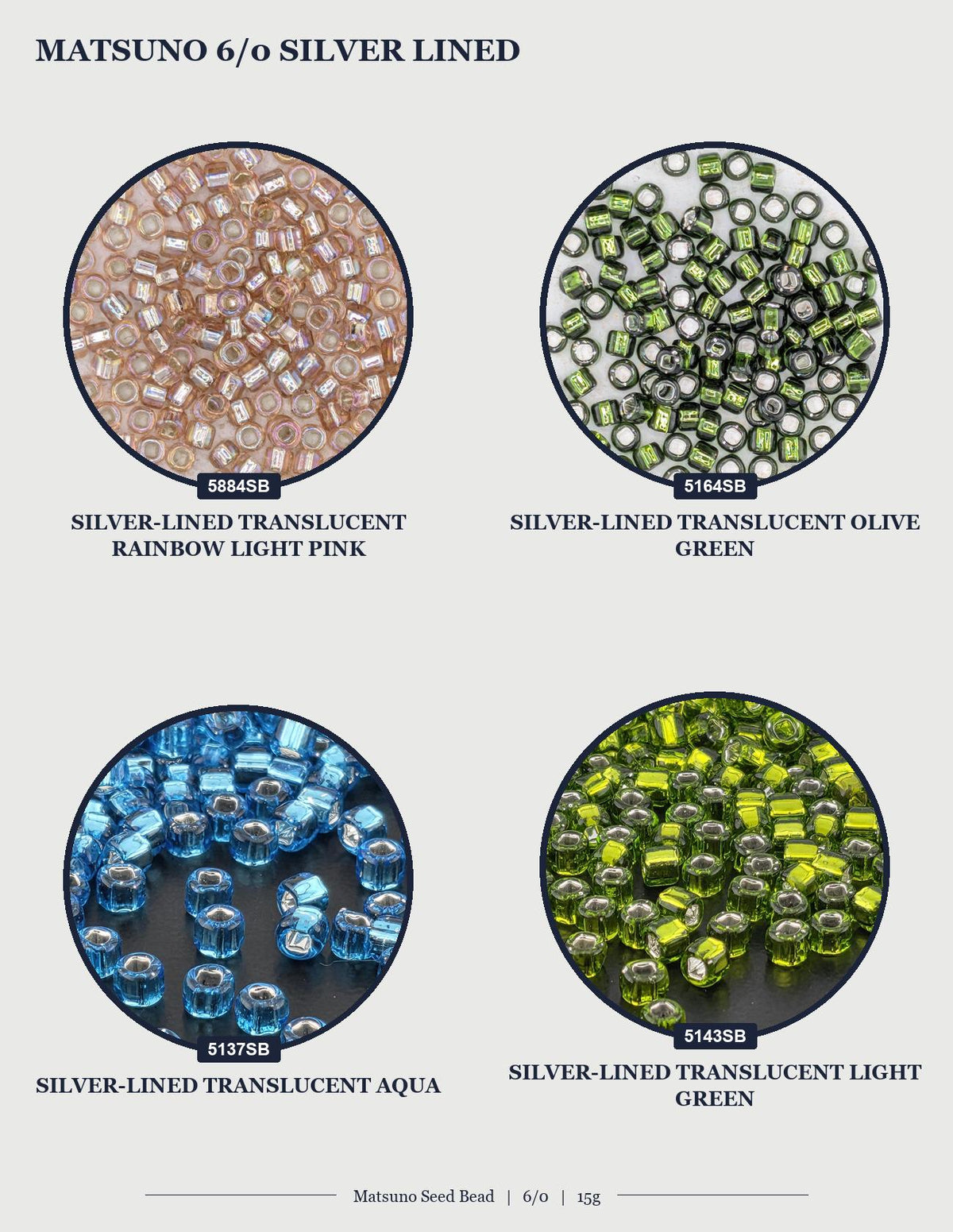 The image is a collage of four images, each depicting a different type of silver-lined translucent aqua beads. The first image shows a pile of pink-colored beads, the second image displays green-colored beads, the third image features a pile of aqua beads, and the fourth image shows a pile of aqua beads.