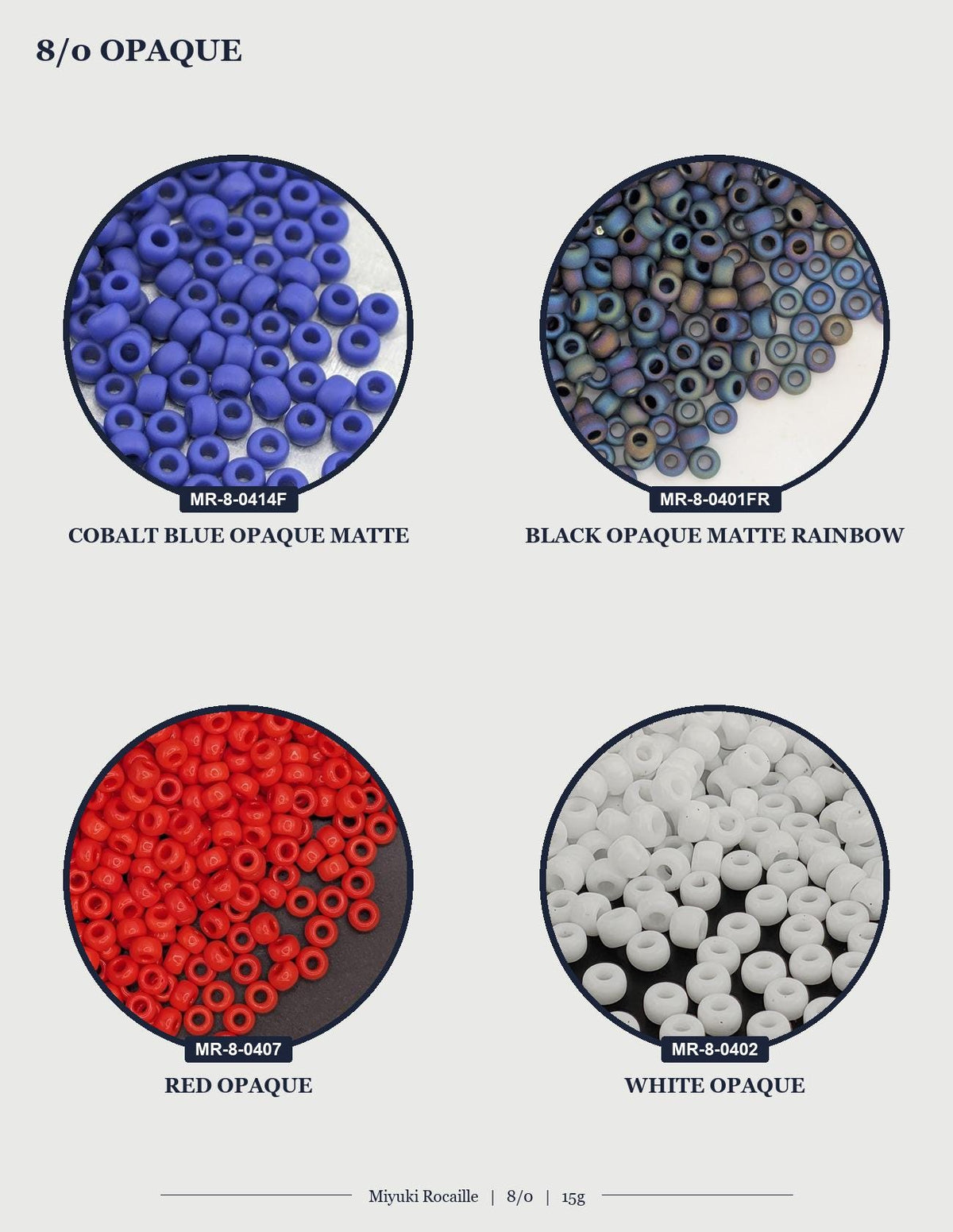 four different types of beads, each with a distinct color and pattern. The beads are arranged in a grid format, with each row representing a different color and each column representing a different type of bead. The image does not contain any text, and the focus is on the visual presentation of the beads.
