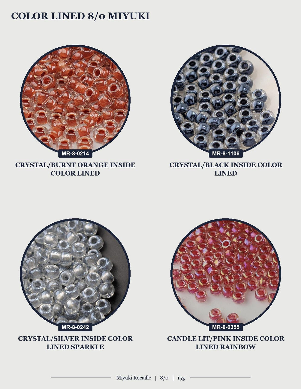 four circular images, each displaying a different colored bead. The beads are arranged in a grid format, with each row representing a different color and each column representing a different type of bead. The images show a variety of beads, including crystal/burnt orange, crystal/black, candle/lit/pink, and candle/pink/rainbow beads.