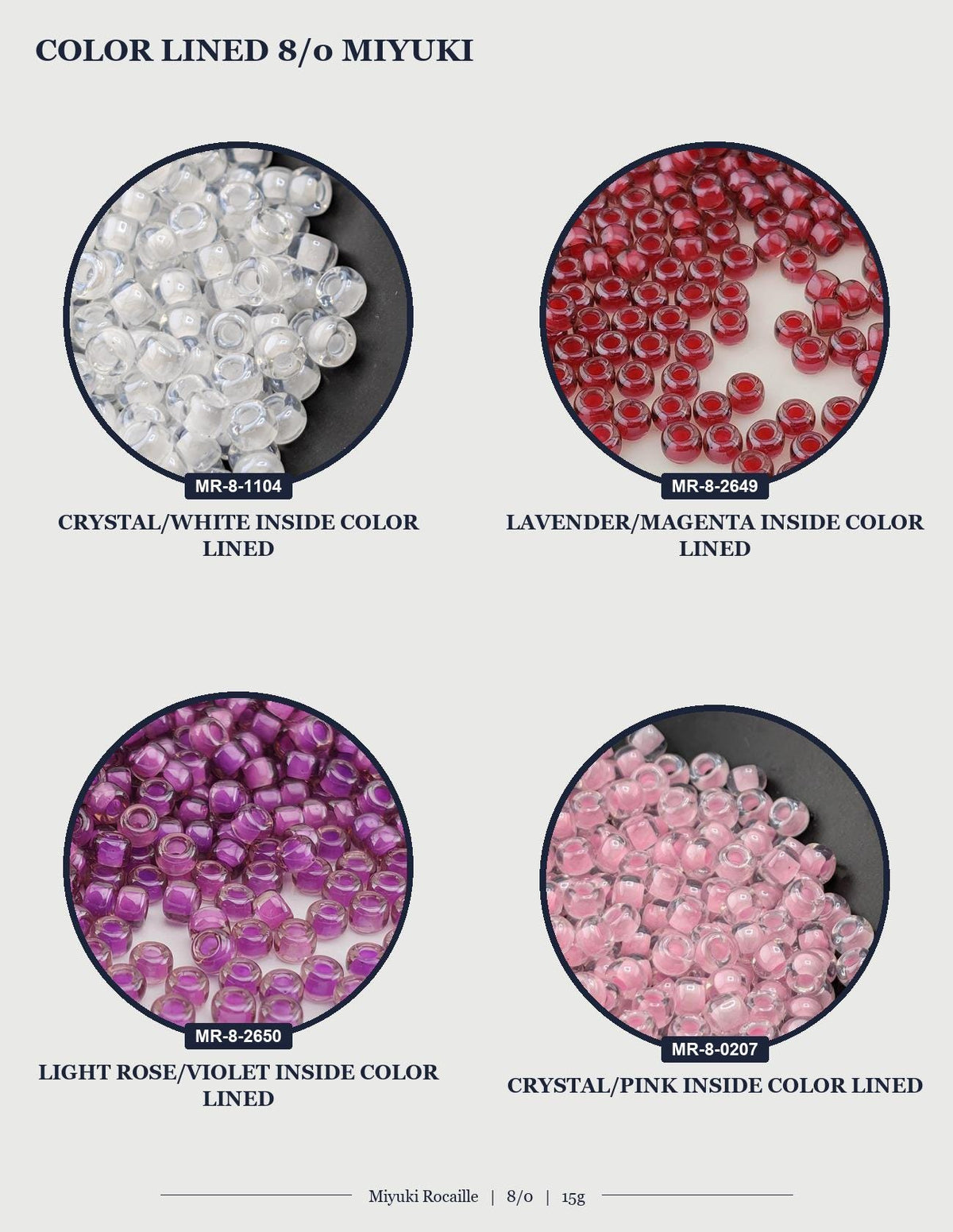 four different colored beads, each with a unique color and pattern. The beads are arranged in a grid format, with each row representing a different color and each column representing a different type of bead. The image does not contain any text, and the focus is on the visual presentation of the beads.