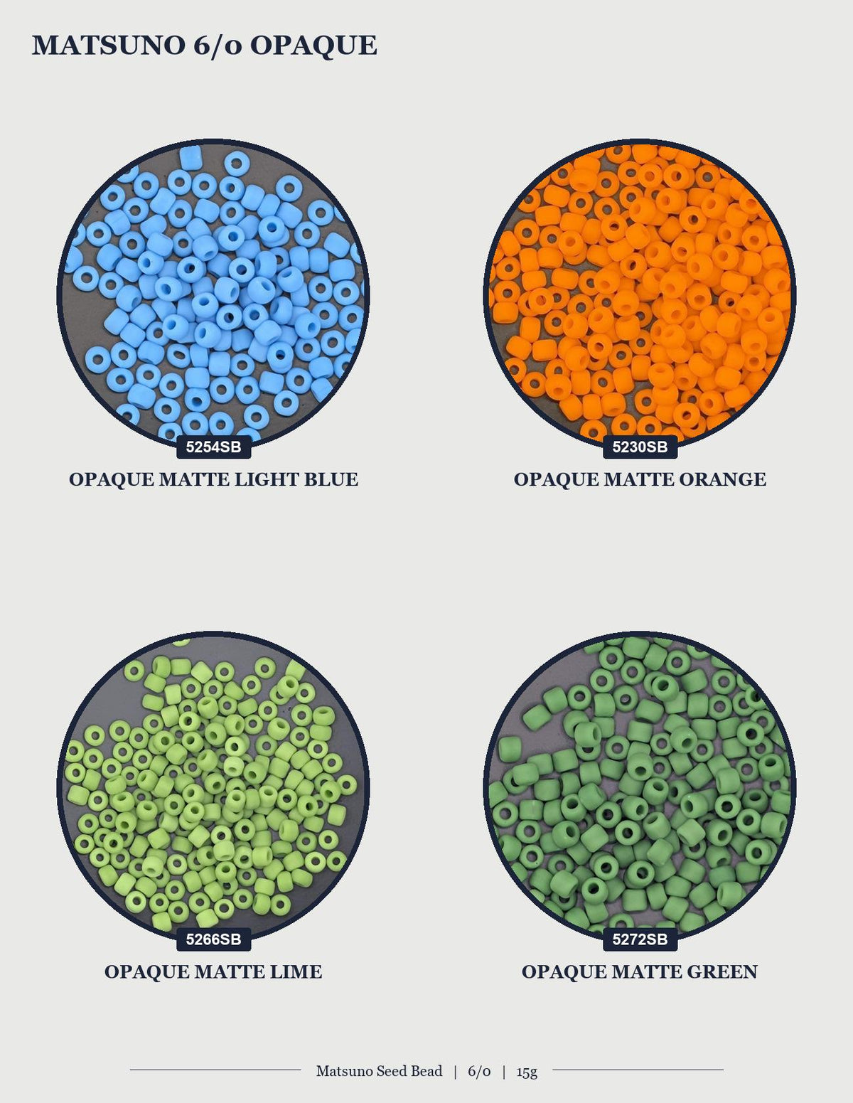 four circular images, each displaying a different color of Matsuo seed beads. The first image shows blue seed beads, the second image shows orange seed beads, the third image shows green seed beads, and the fourth image shows lime seed beads.