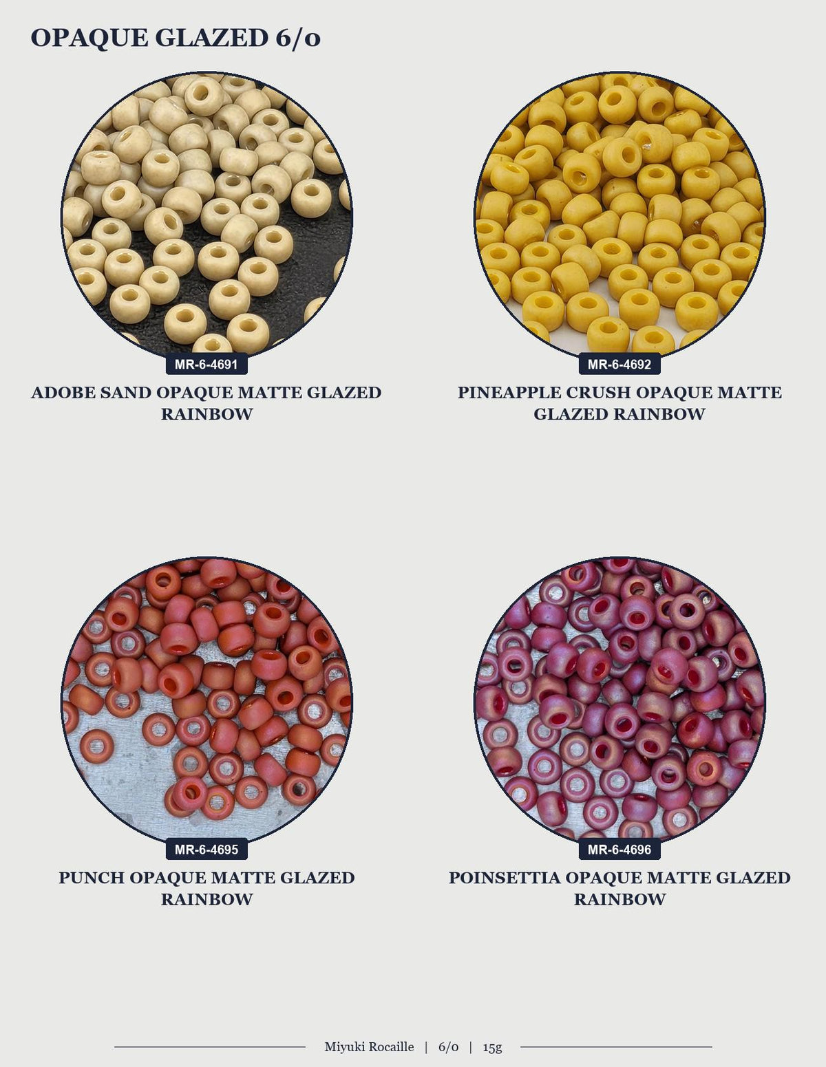 four different images of glazed 6/0 popcorn, each with a different color and texture.