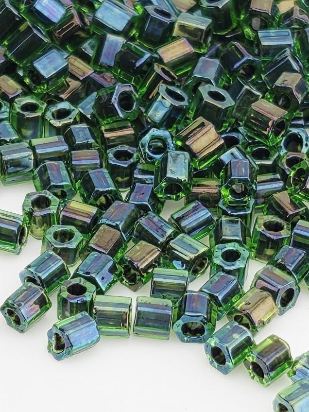 Toho Hex Beads, Inside-Color Crystal/Prairie Green-Lined | 8/0 | 8g Pack