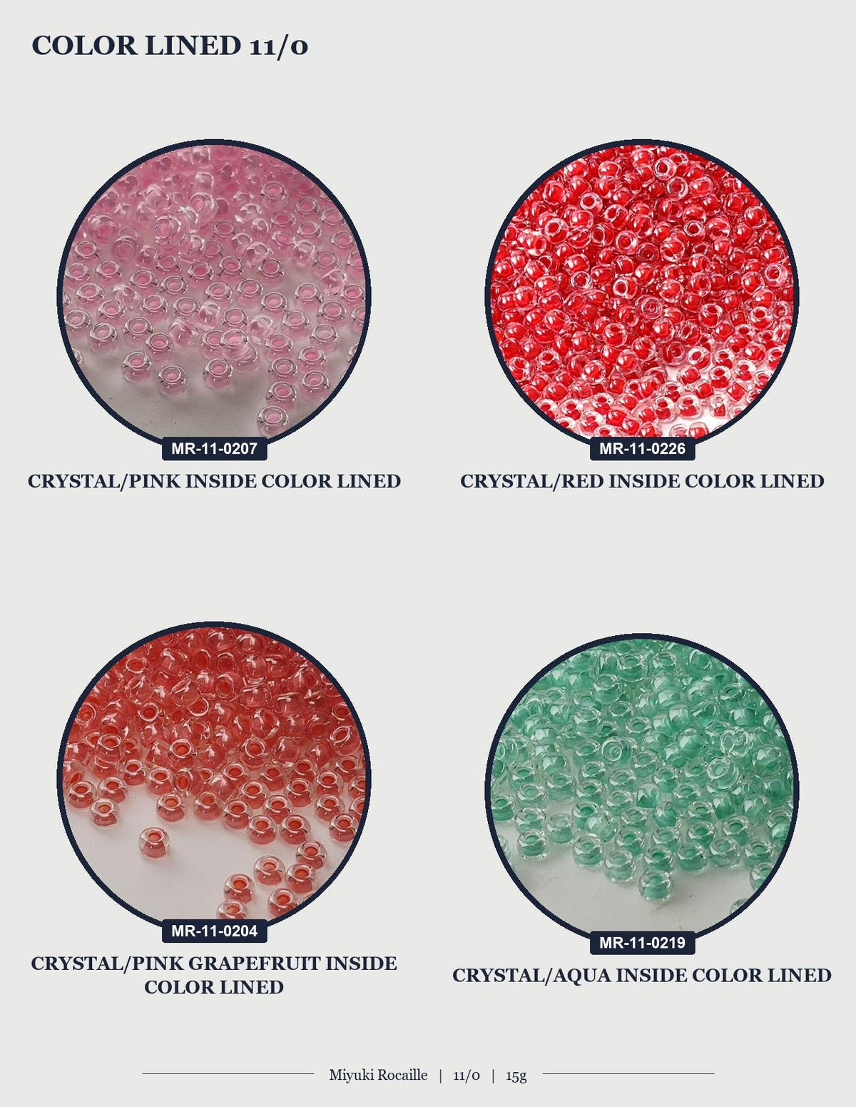 four circular images, each showing a different colored bead or bead-like object. The images are arranged in a grid format, with two rows and two columns. The first row shows a pink crystal bead, the second row shows a red crystal bead, the third row shows a green crystal bead, and the fourth row shows a clear crystal bead.