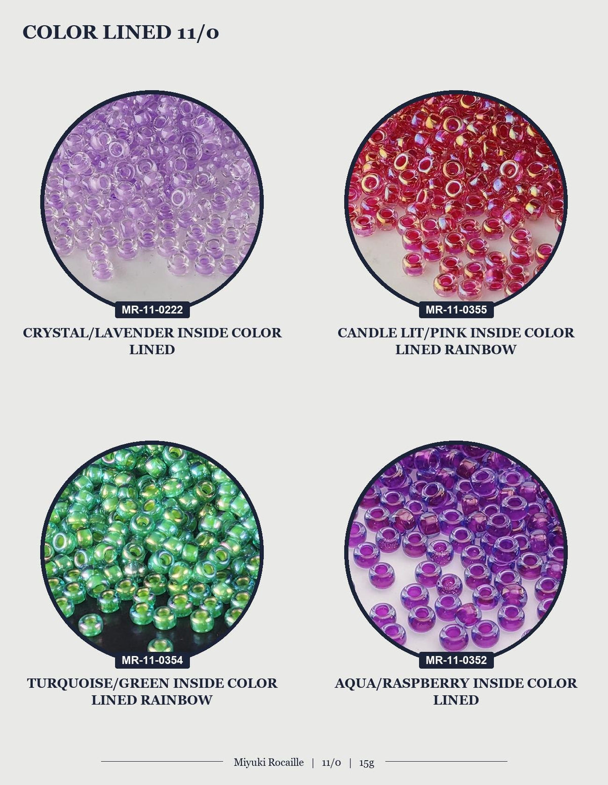 four circular images, each displaying a different colored bead. The beads are arranged in a grid-like pattern, with each row representing a different color and each column representing a different type of bead. The images show a variety of colors and textures, including purple, green, pink, and rainbow colors.