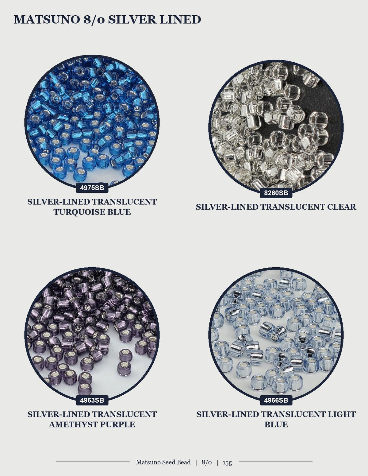 four circular images, each displaying a different type of silver-lined transparent beads. The first image shows turquoise blue beads, the second image shows silver-lined transparent clear beads, the third image shows silver-lined transparent light blue beads, and the fourth image shows silver-lined transparent purple beads.