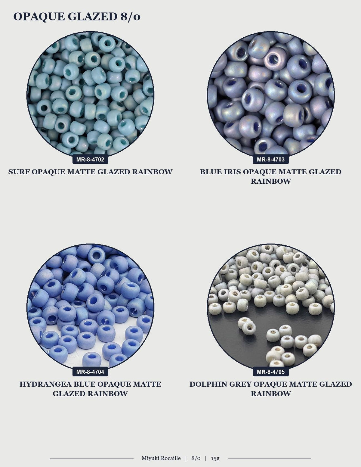 four circular images, each showing a different type of bead or bead-like object. The objects are described as "Surf Opaque Rainbow", "Blue Iris Opaque Matte Glazed Rainbow", "D Dolphin Grey Opaque Matte Glazed Rainbow", and "Hydrangea Blue Opaque Matte Glazed Rainbow".