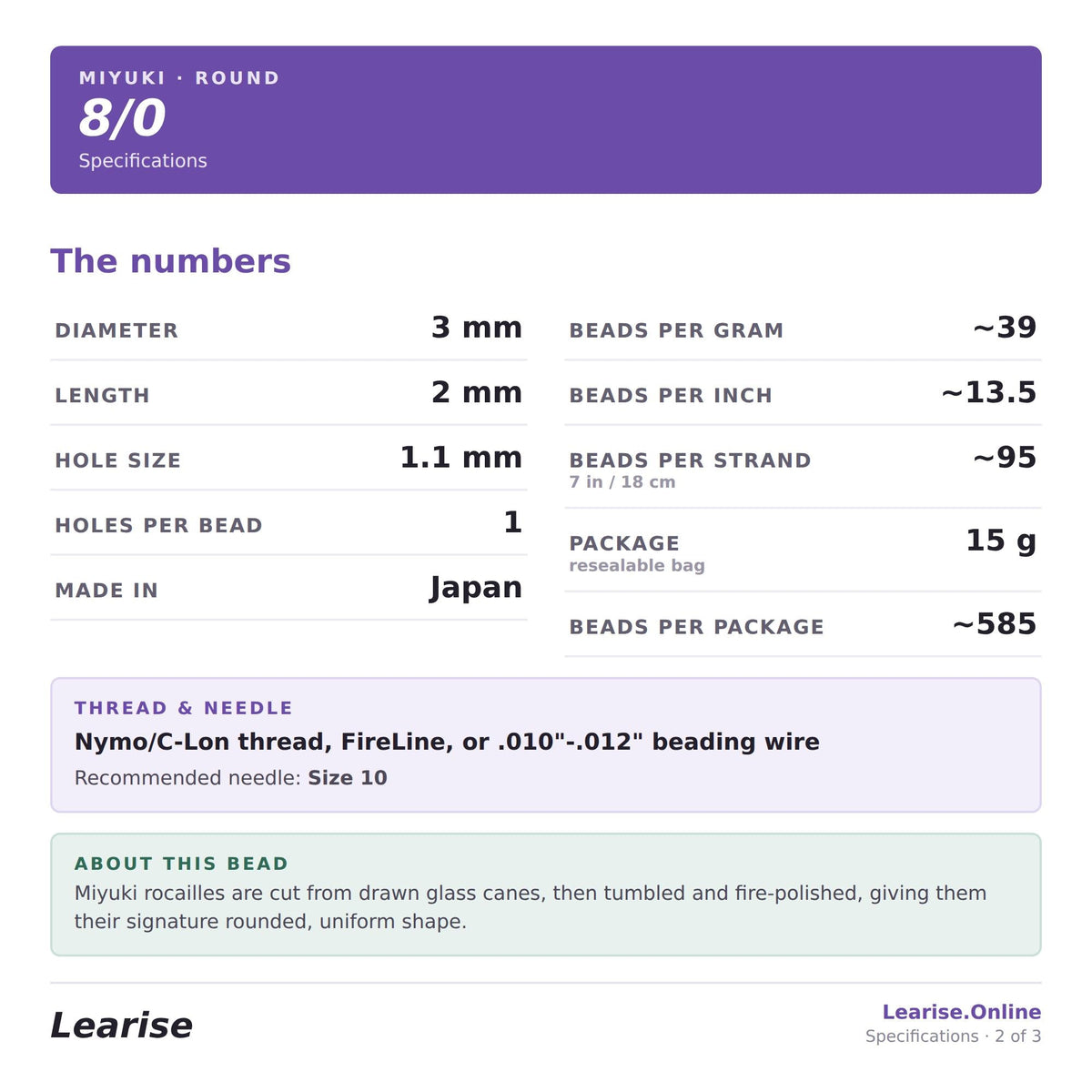 specifications for a round beaded bead, including details such as the bead size, thread and needle type, and the recommended size for the thread and needle.