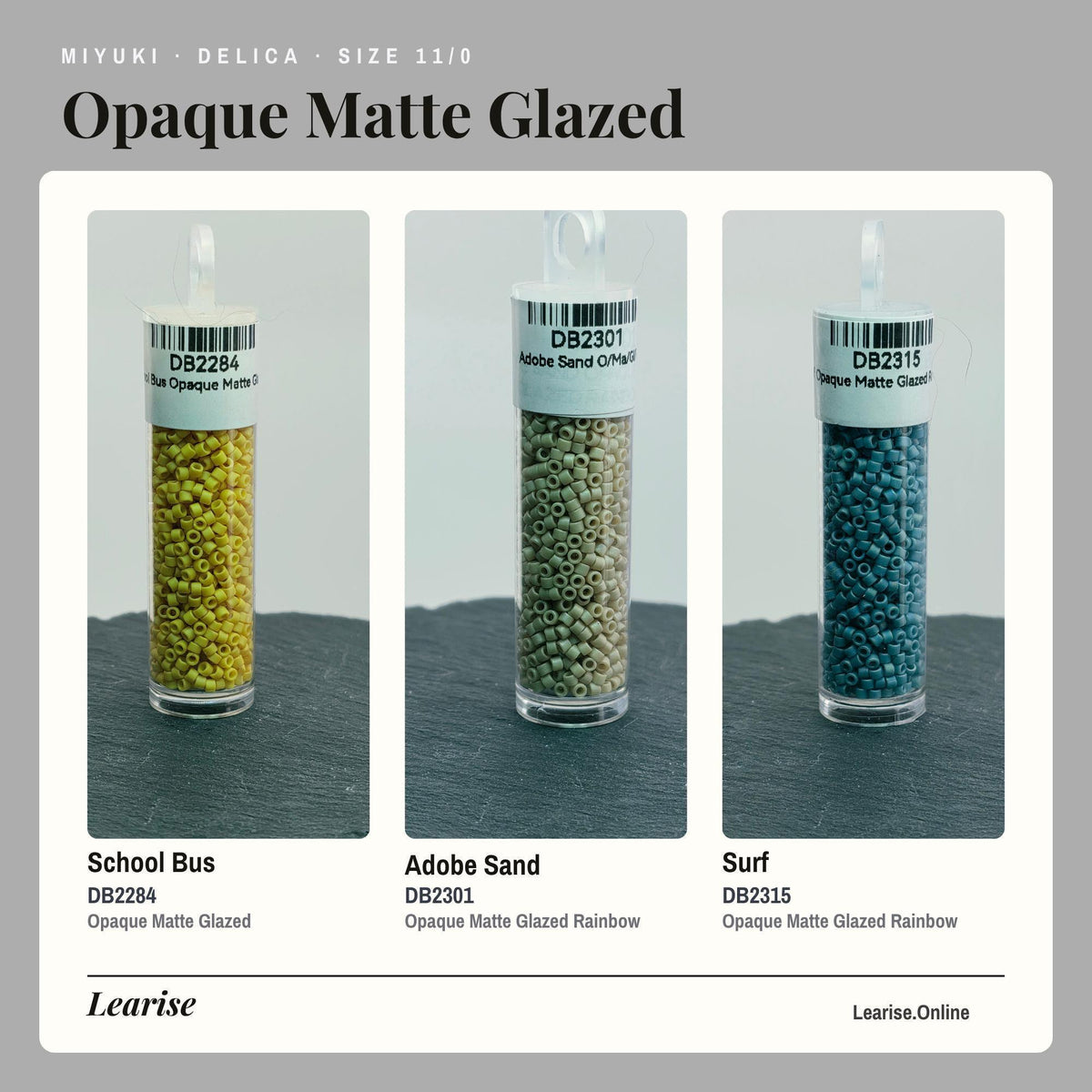 three different colored Opaque Matte Glazed beads, each with a label indicating the size.