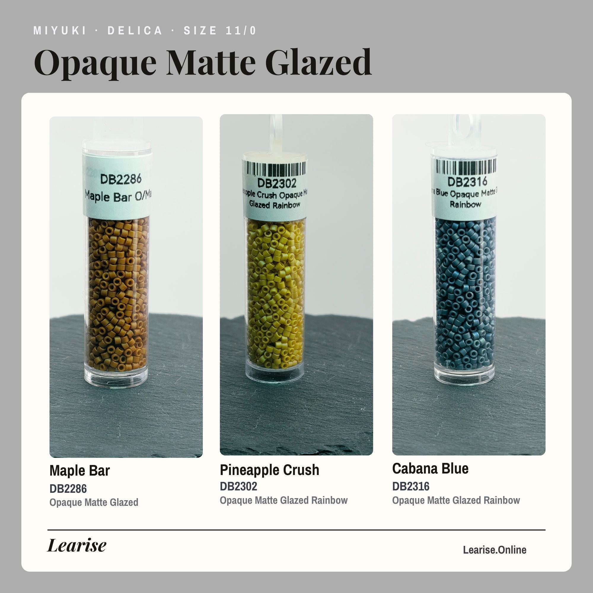 The image is a collage of three images showing different colored glass beads, including a bottle of Opaque matte glazed beads, a bottle of pineapple crush beads, and a bottle of Cabana blue beads.