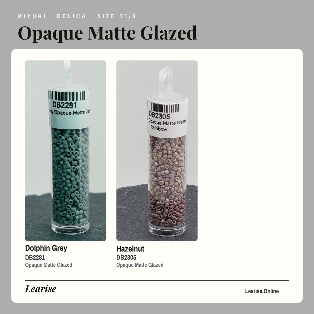 two containers of Opaque Matte Glazed beads, one in a clear glass container and the other in a clear plastic container filled with brown beads.