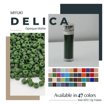 The image is an advertisement for Miyuki Delica Opaque Matte beads, available in 47 colors and size 11/0 7g tubes.