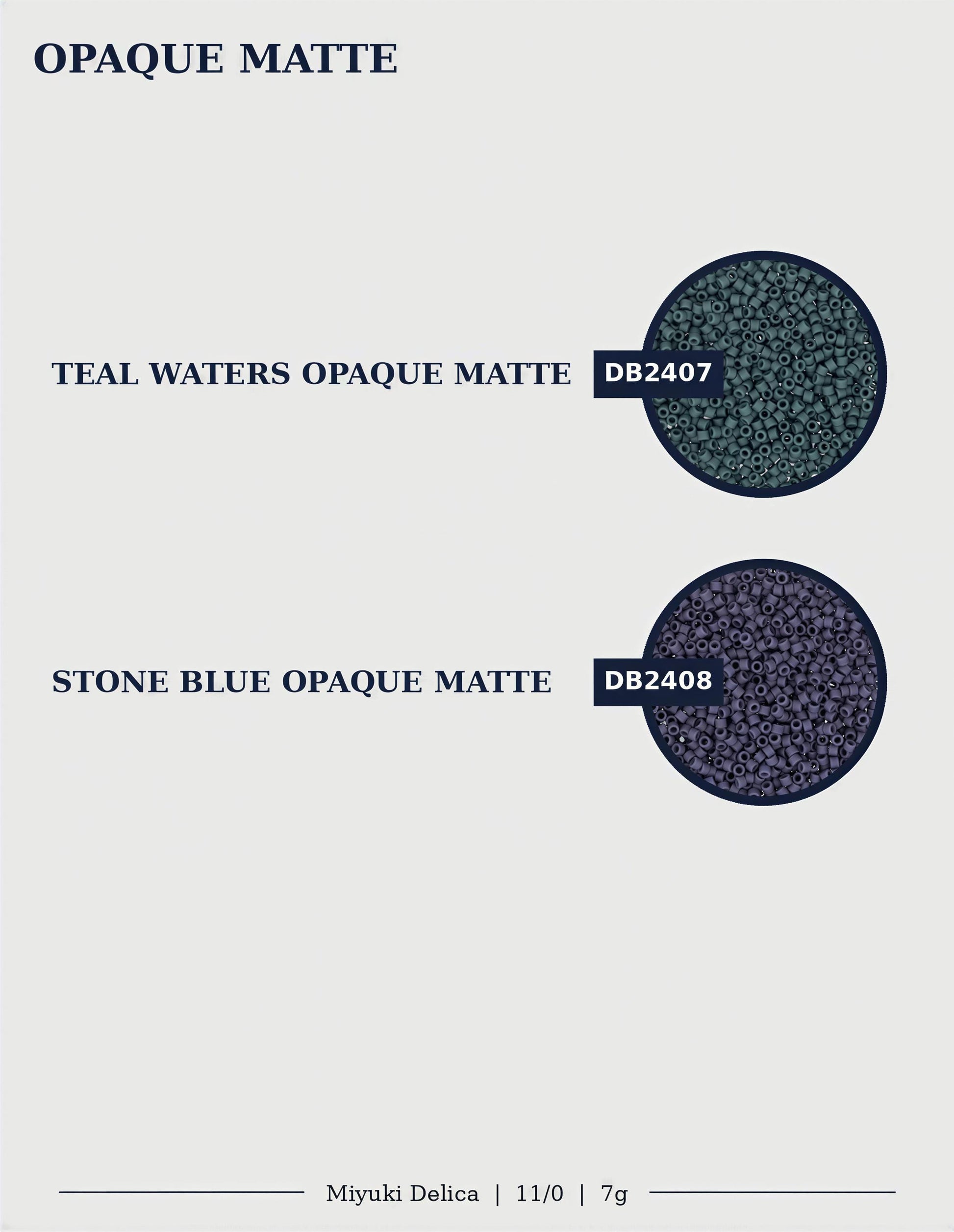 The image is a collage of two images, one showing teal waters opaque matte and the other showing stone blue opaque matte.