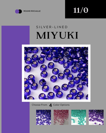 The image is a collage of four different images, each depicting a variety of blue beads in different sizes and shapes. The collage is set against a purple background, and the text "11/0" is displayed in the top right corner.