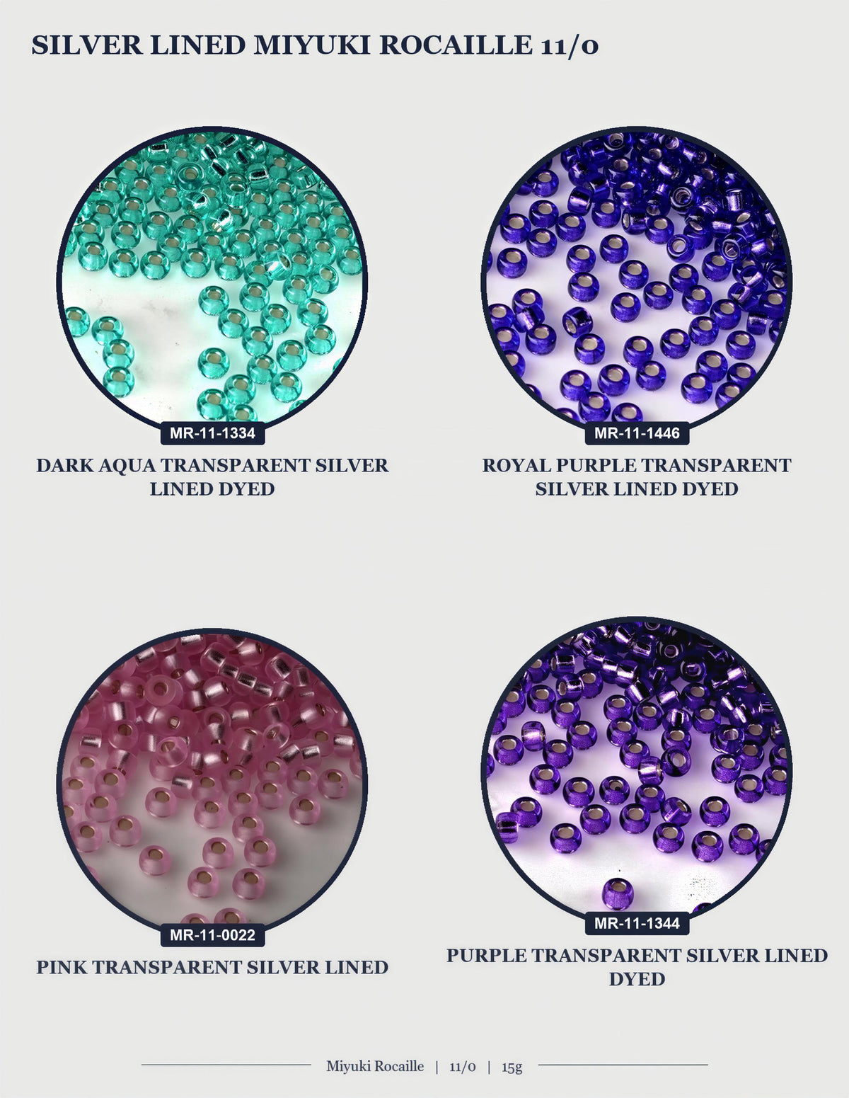 four circular images, each showing a different color of silver beads. The images are arranged in a grid format, with two images in each row and two columns. The images are labeled with text that describes the color and type of beads in each image.