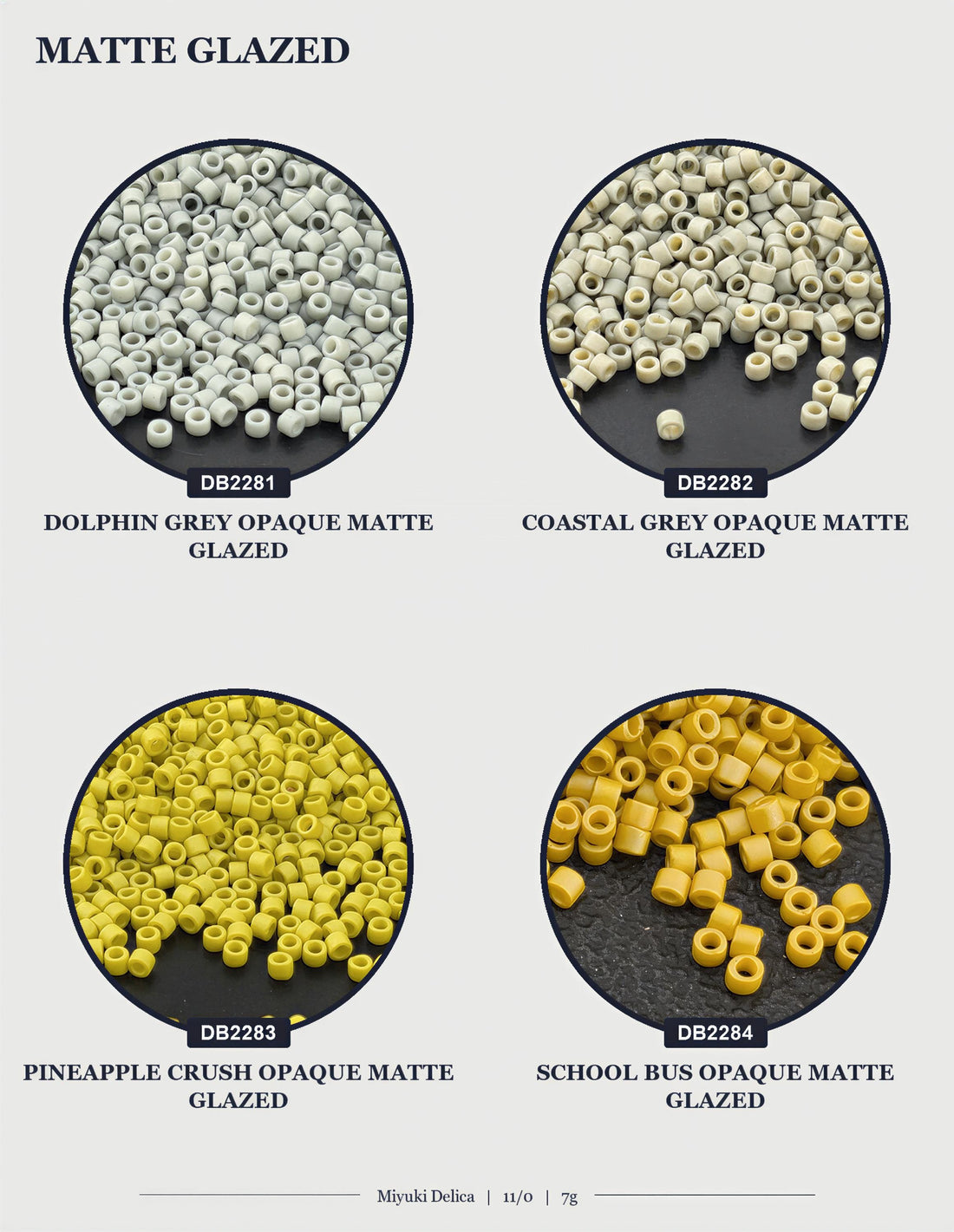 The image is an advertisement for Miyuki Delica Opaque Matte Glazed beads. It features a close-up of the red beads in a glass tube, as well as a variety of colors available in 38 tubes. The text highlights the availability of the product in 38 colors and the size of the 11/0/1.7g tubes.