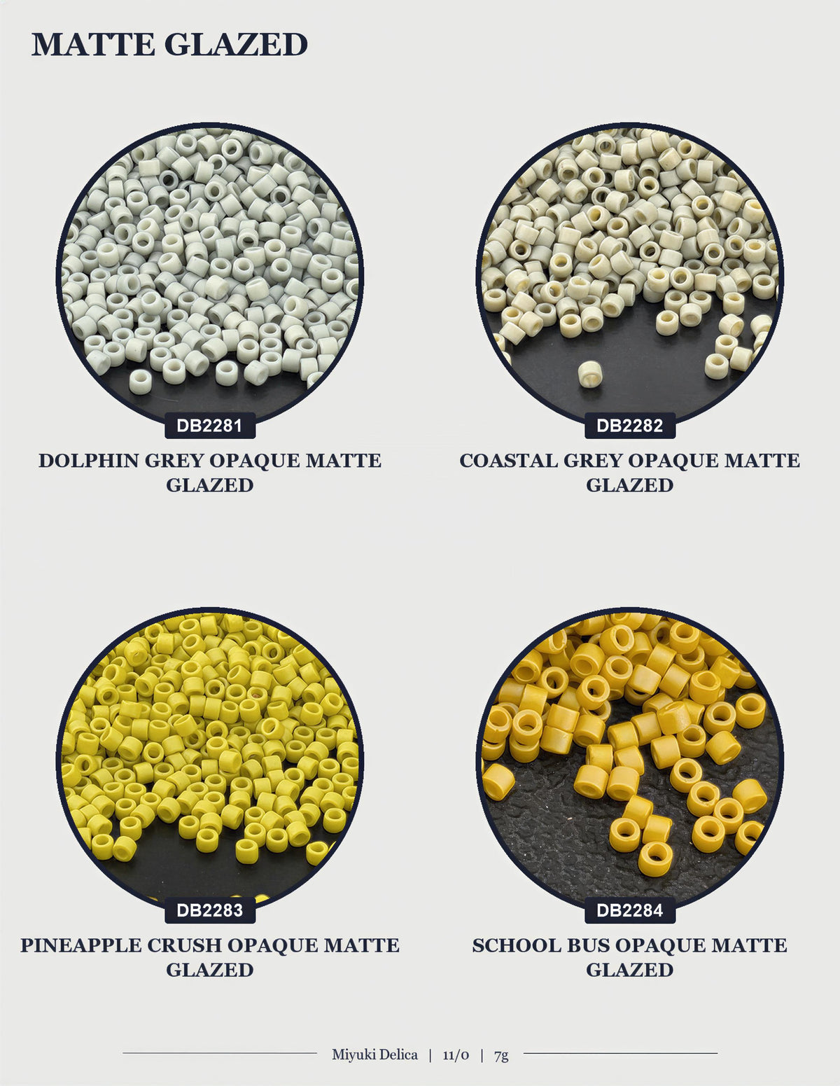 four different types of beads or grains, each with a distinct color and texture, arranged in a circular format.