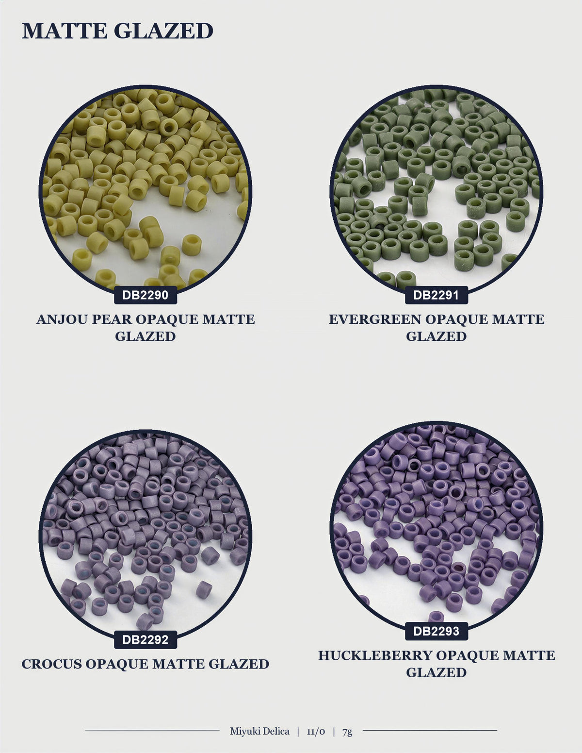 four different types of beads or grains, each with a unique color and texture, arranged in a circular pattern.