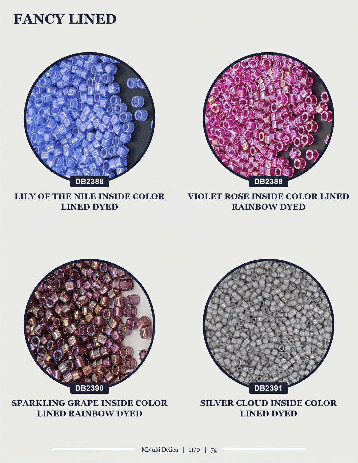 four different colored beads, each with a unique color and texture. The beads are arranged in a grid format, with each row representing a different color and each column representing a different type of bead. The image does not contain any text, and the beads are described in detail, including their color, texture, and type.