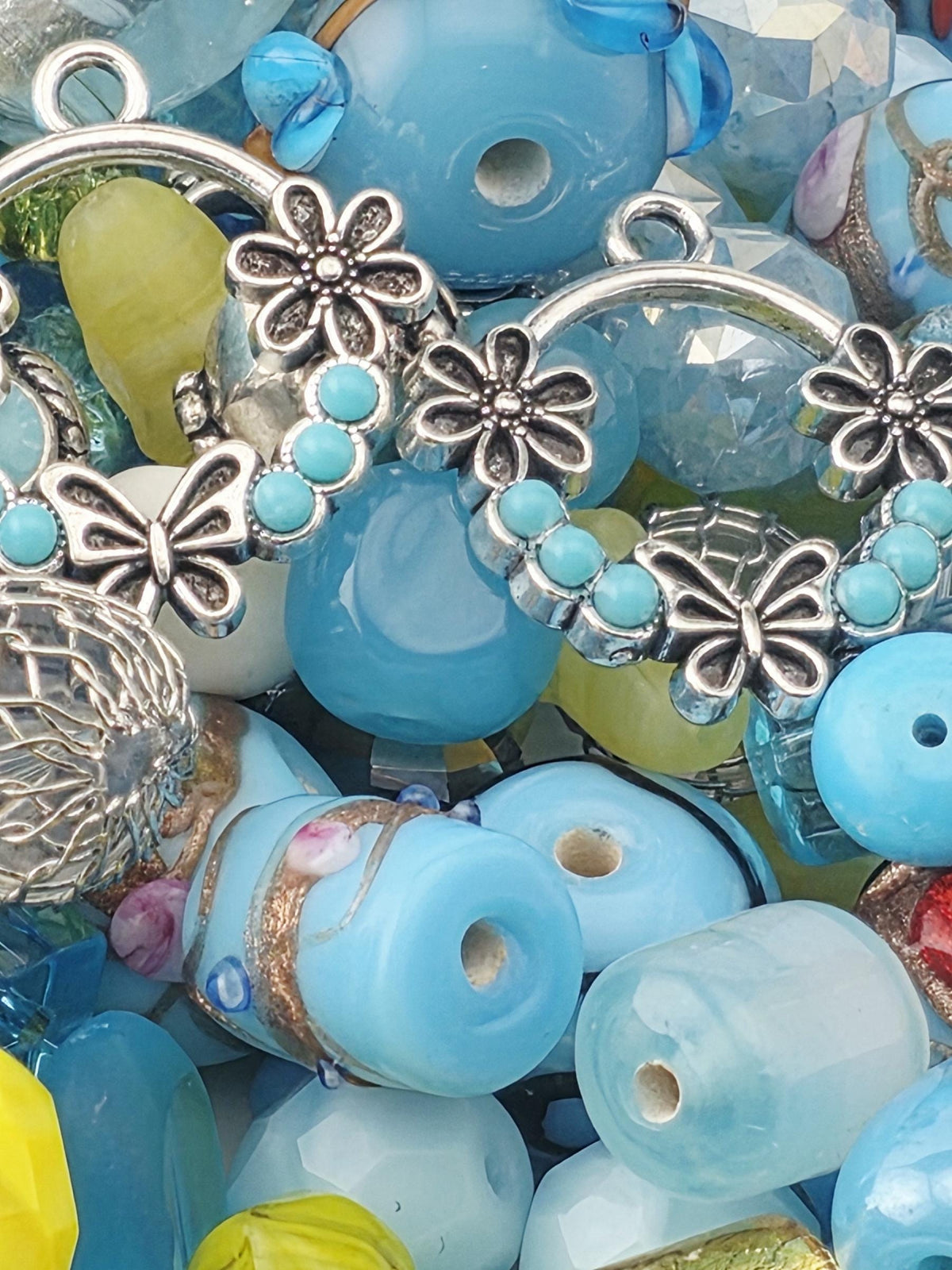 Aqua and Yellow Glass, Stone & Metal Bead Soup Mix: Colorful Glass Beads (56g Hand-Blended)