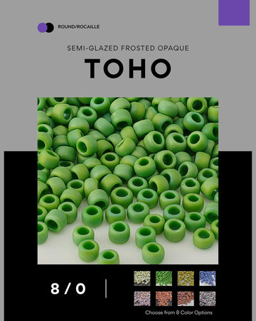 The image is a collage of various images of green beads, with a focus on the word "TOHO" in the center.