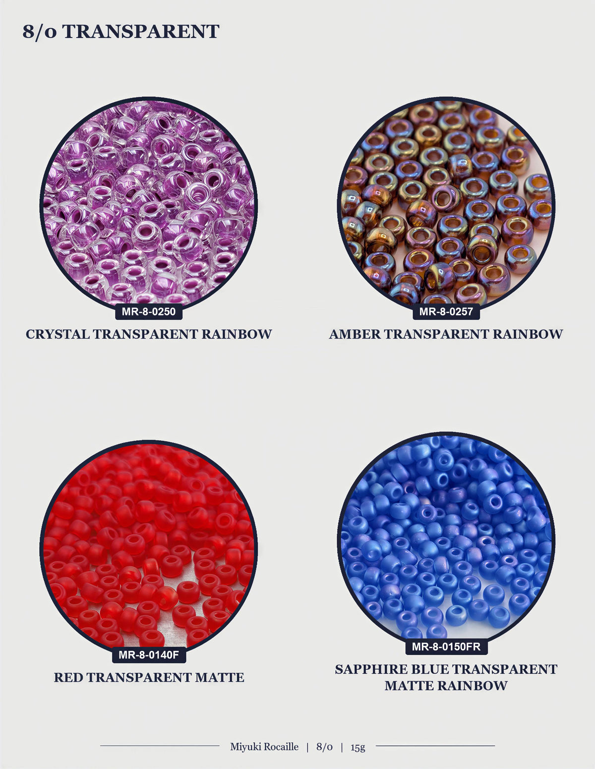 four different types of transparent beads, each with a unique color and pattern. The beads are arranged in a grid format, with each row representing a different type of bead and each column representing a different color. The image does not contain any text, and the descriptions provided are concise and avoid redundancy.