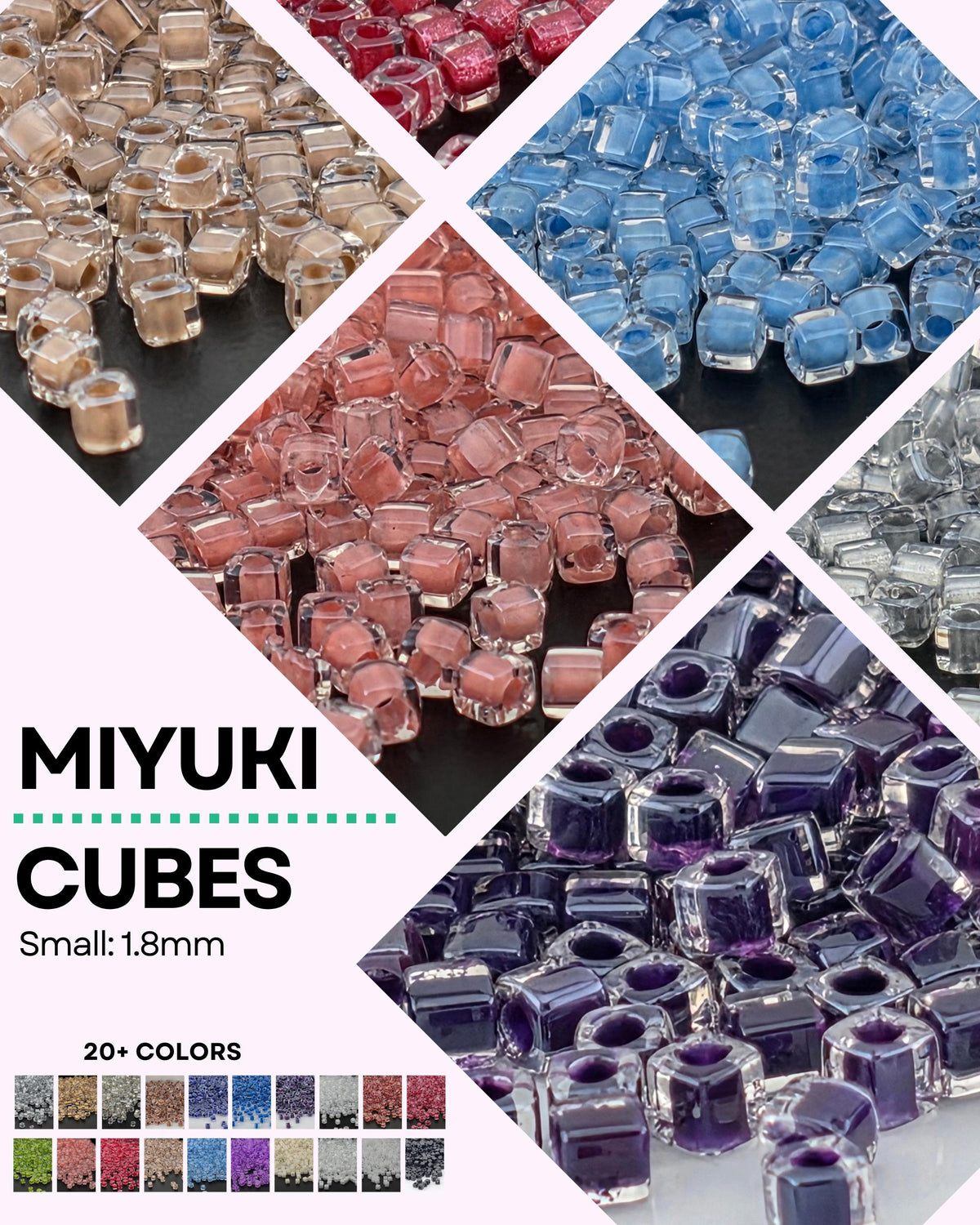 The image is a collage of various colored glass beads, including clear, pink, blue, and purple cubes, arranged in a visually appealing manner.
