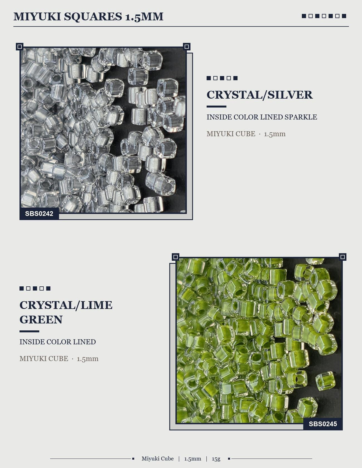 two different types of beads, each with a unique color and size. The beads are arranged in separate sections, with the top section displaying clear beads and the bottom section showing green beads. The image does not contain any text, and the beads are not described in detail.