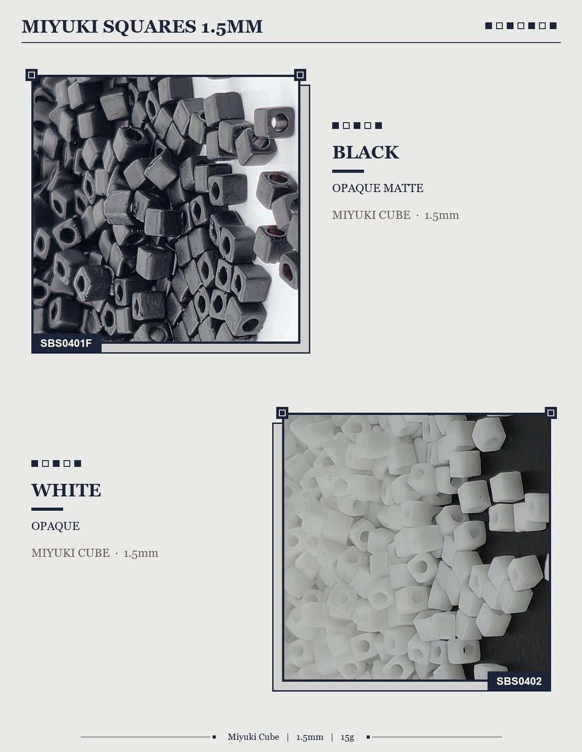 two different sizes of Miyuki Cubes, with one being 1.5mm and the other being 1.5mm. The image is a collage of two pictures, one showing a black and white image of the Miyuki Cubes and the other showing a white image of the Miyuki Cubes.