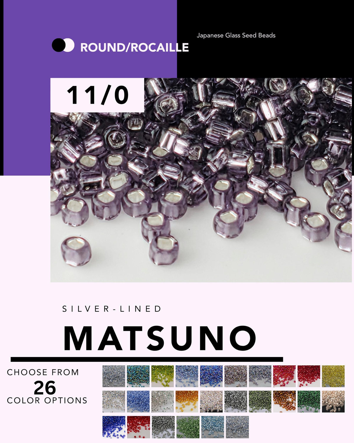 The image is a collage of various Japanese glass seed beads, including silver-lined Matsuño beads, arranged in a visually appealing manner.
