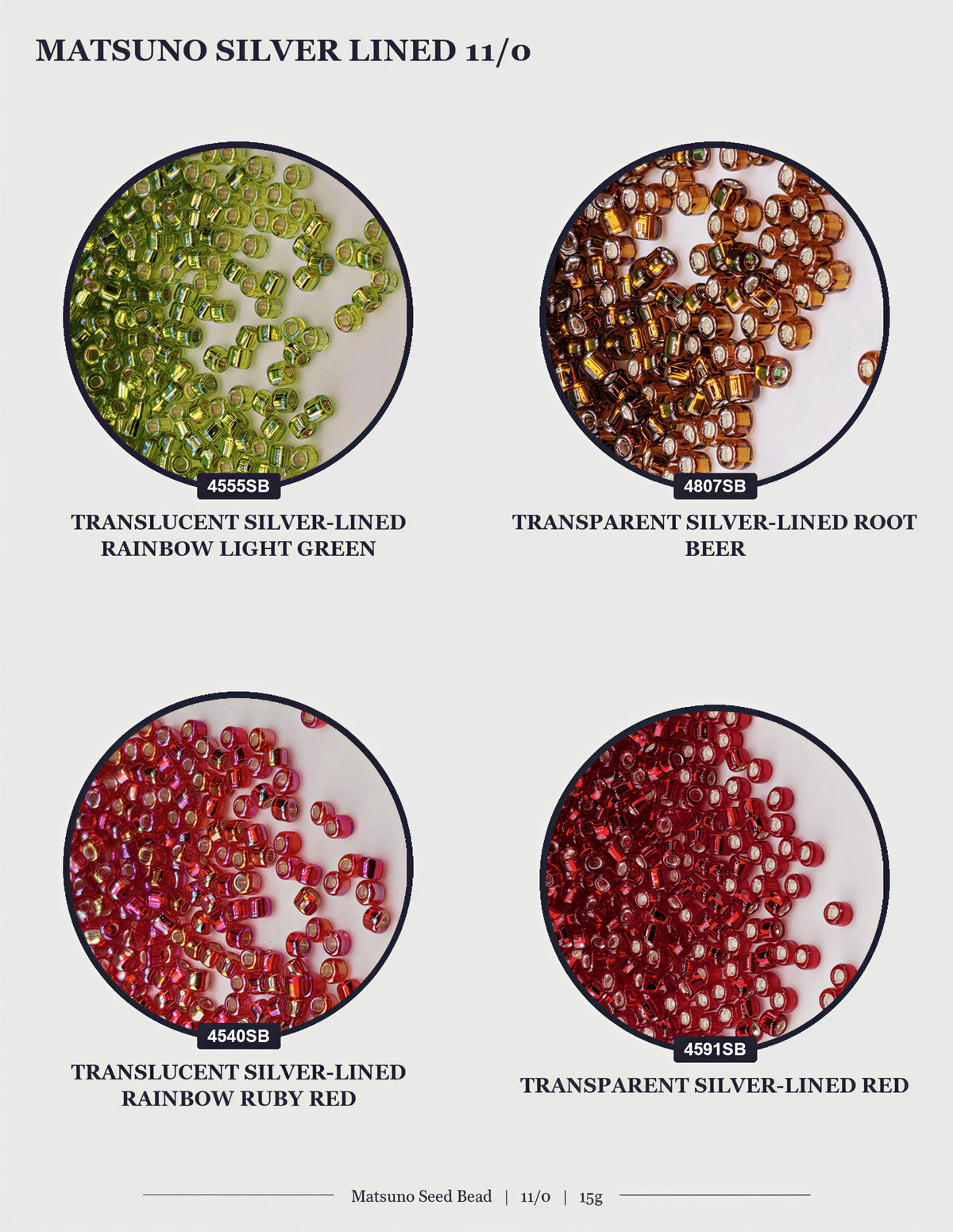 four circular images, each displaying a different colored bead, including green, yellow, orange, and red beads.