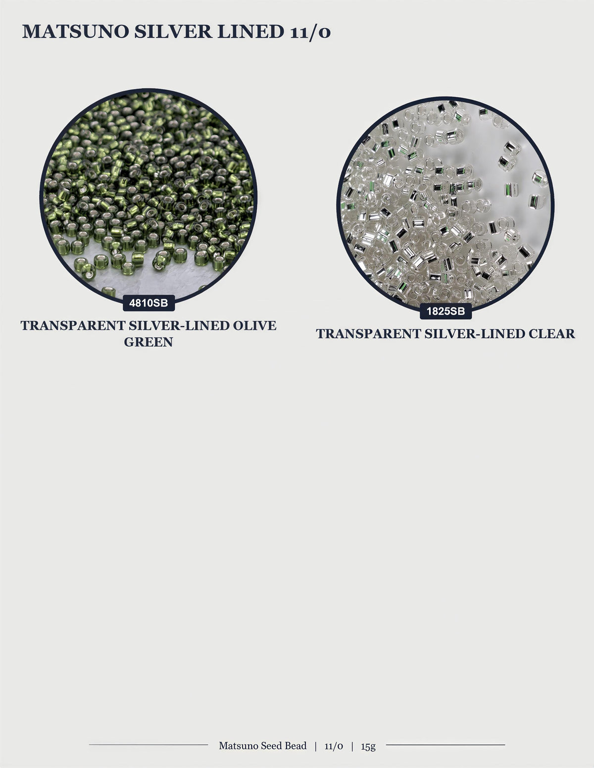 two images of silver-lined olive and clear beads. The first image shows a pile of green olive beads, and the second image shows a pile of silver-lined clear beads.