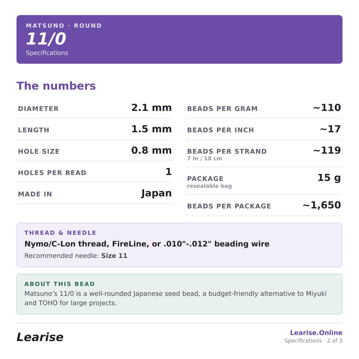 The image is a webpage with specifications for a round of Matsuno-Round 11/0. The specifications include the dimensions, beads per gram, length, hole size, beads per strand, holes per bead, and the package size. The thread and needle are recommended for Nymo/C-Lon thread, Fireline, or 010-012 beads. The image shows a well-rounded Japanese seed bead, a budget-friendly alternative to Miyuki Matsuno for large projects.