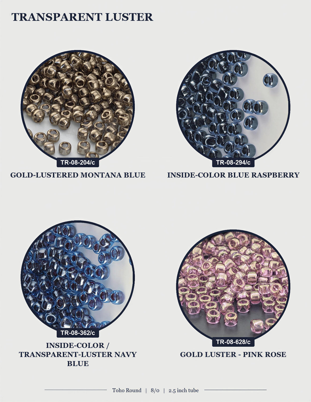 four different images of transparent luster beads in various colors, including gold, blue, raspberry, and pink rose.