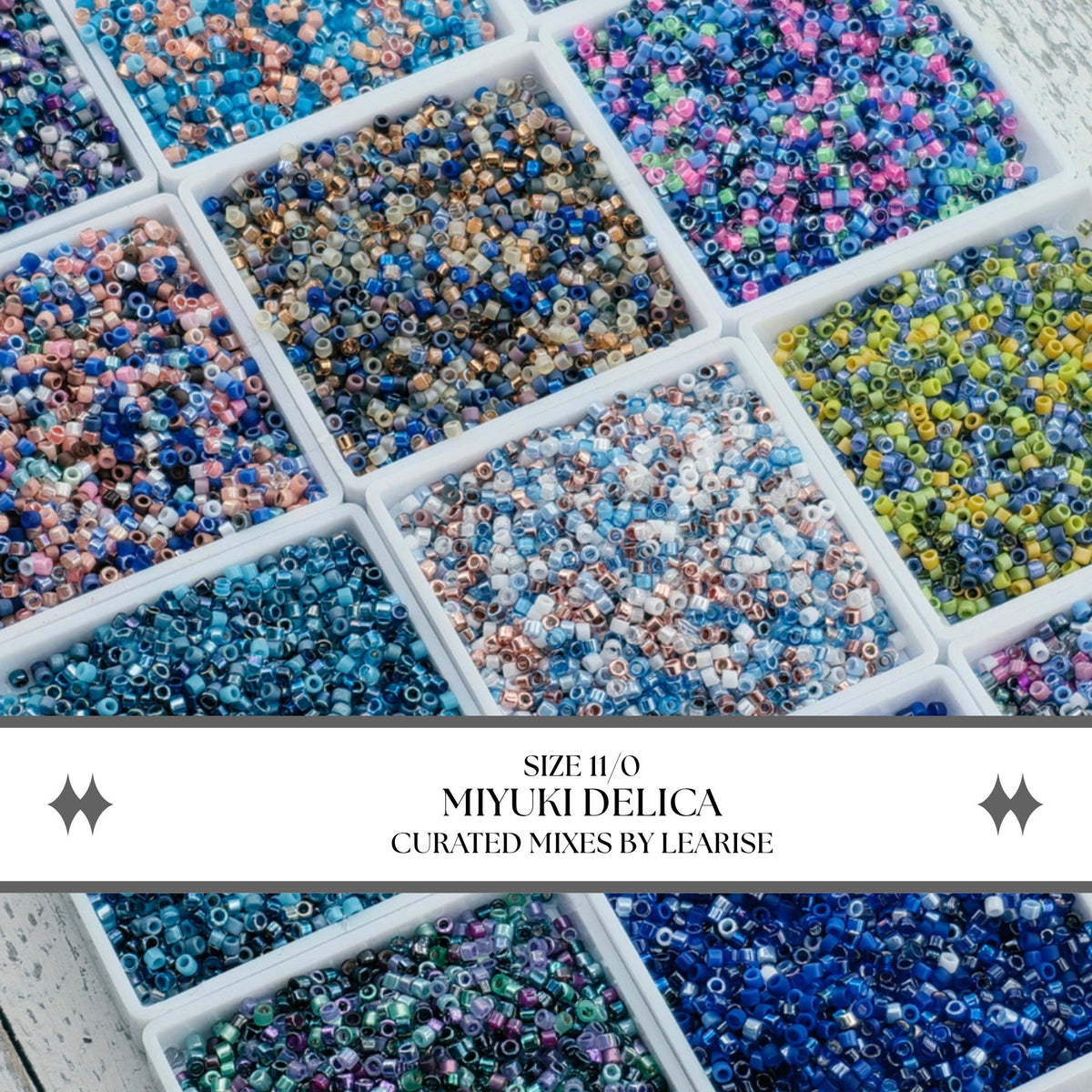 a collection of various colored beads, including blue, green, pink, and yellow, arranged in multiple containers.