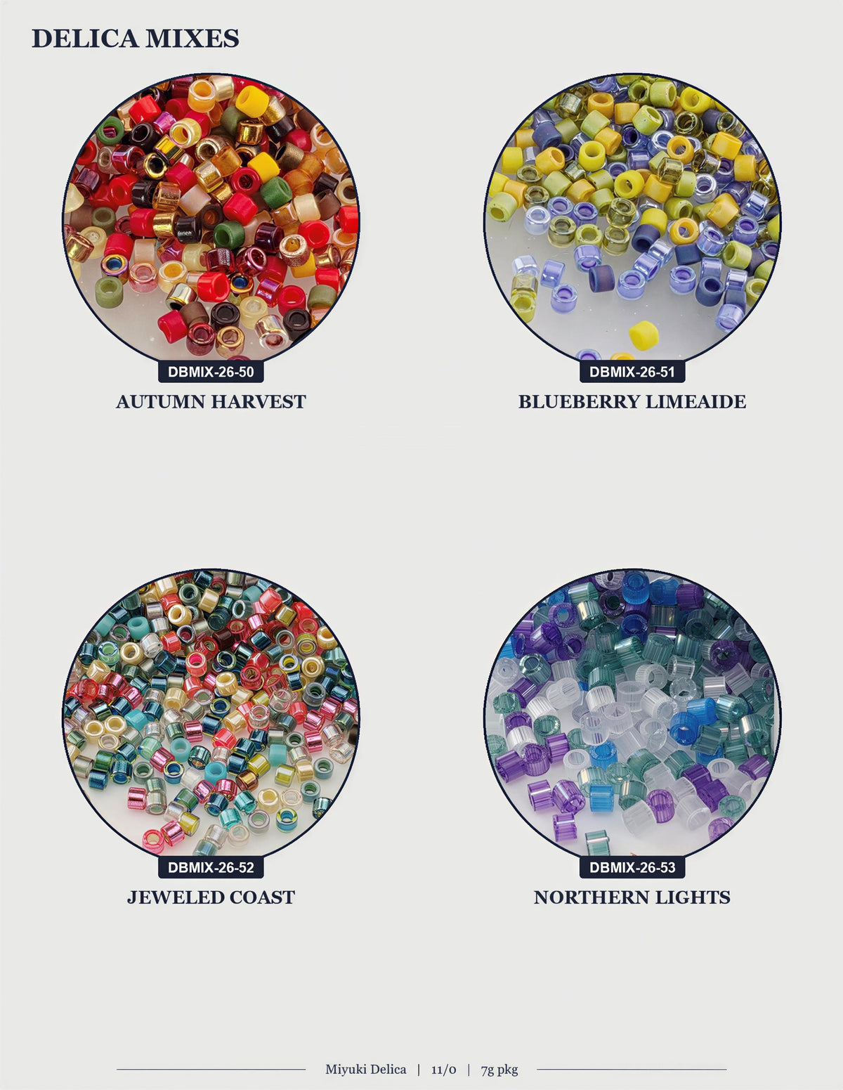 four circular images, each displaying a different assortment of colored beads or beads in various colors and sizes. The images are arranged in a grid format, with two rows and two columns.