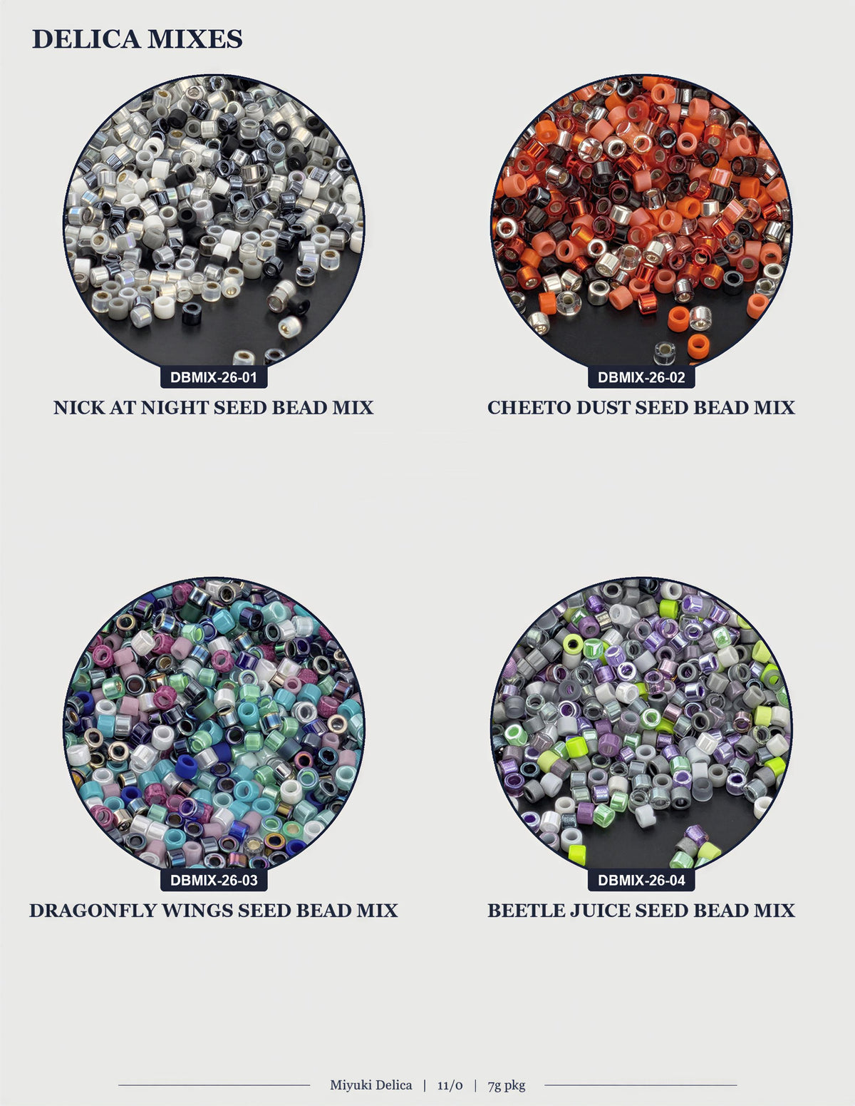 four circular images, each containing a different type of seed bead mix. The first image shows a large pile of seed beads, the second image shows a smaller pile of seed beads, the third image shows a pile of seed beads, and the fourth image shows a pile of seed beads.