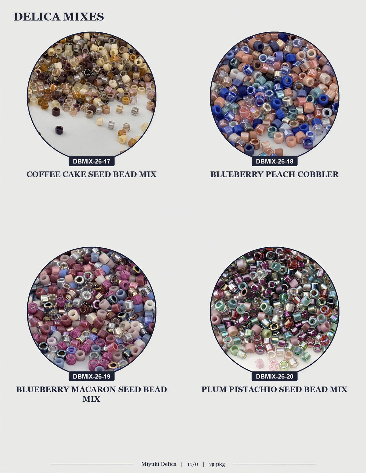 four circular images, each displaying a different type of bead mix. The first image shows a coffee cake seed bead mix, the second image shows a blueberry peach cobbler, the third image shows a plum pistachio seed bead mix, and the fourth image shows a blueberry macaron seed bead mix.