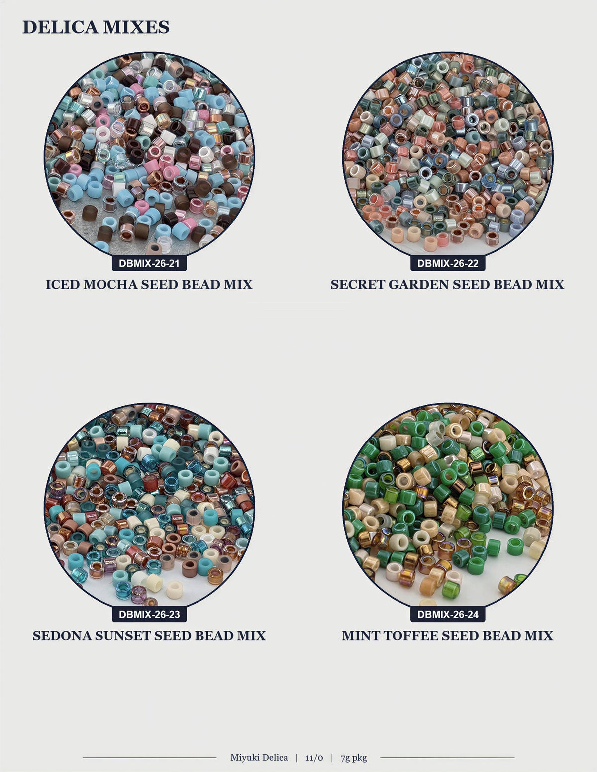 four circular images, each containing a different type of seed bead mix. The first image shows a circular arrangement of colorful seed beads, the second image displays a circular arrangement of seed beads, the third image shows a circular arrangement of seed beads, and the fourth image shows a circular arrangement of seed beads.