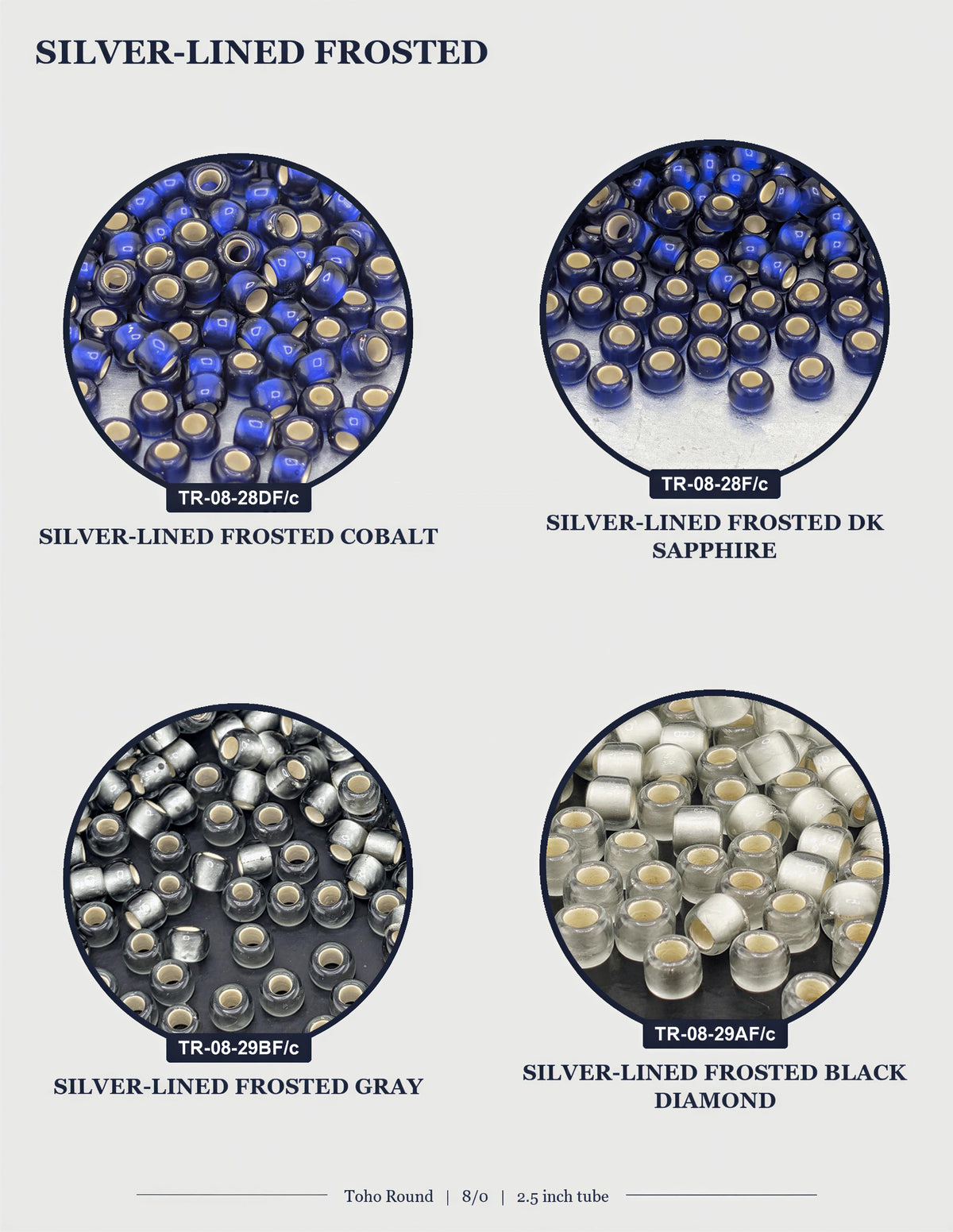 four different images of silver-lined frosted beads, each with a unique color and size.