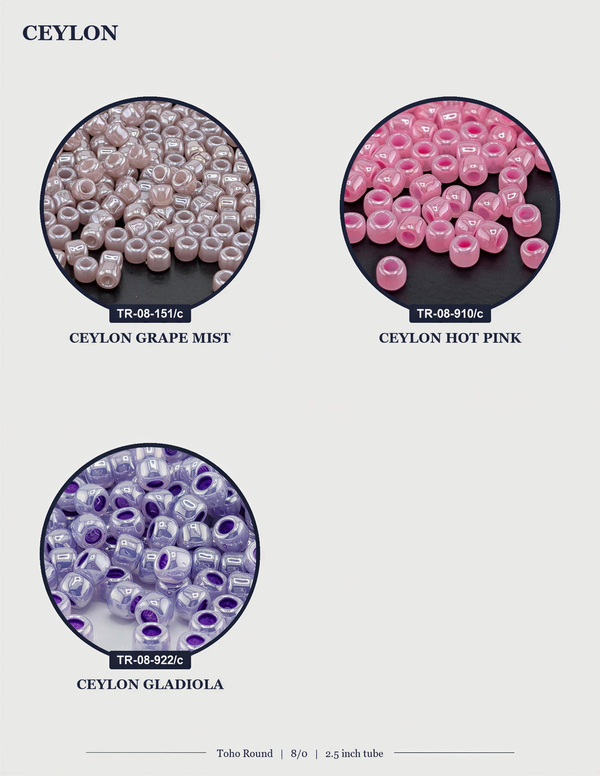 three different types of beads or beads in various colors, including a round bead, a grape mist bead, and a hot pink bead.