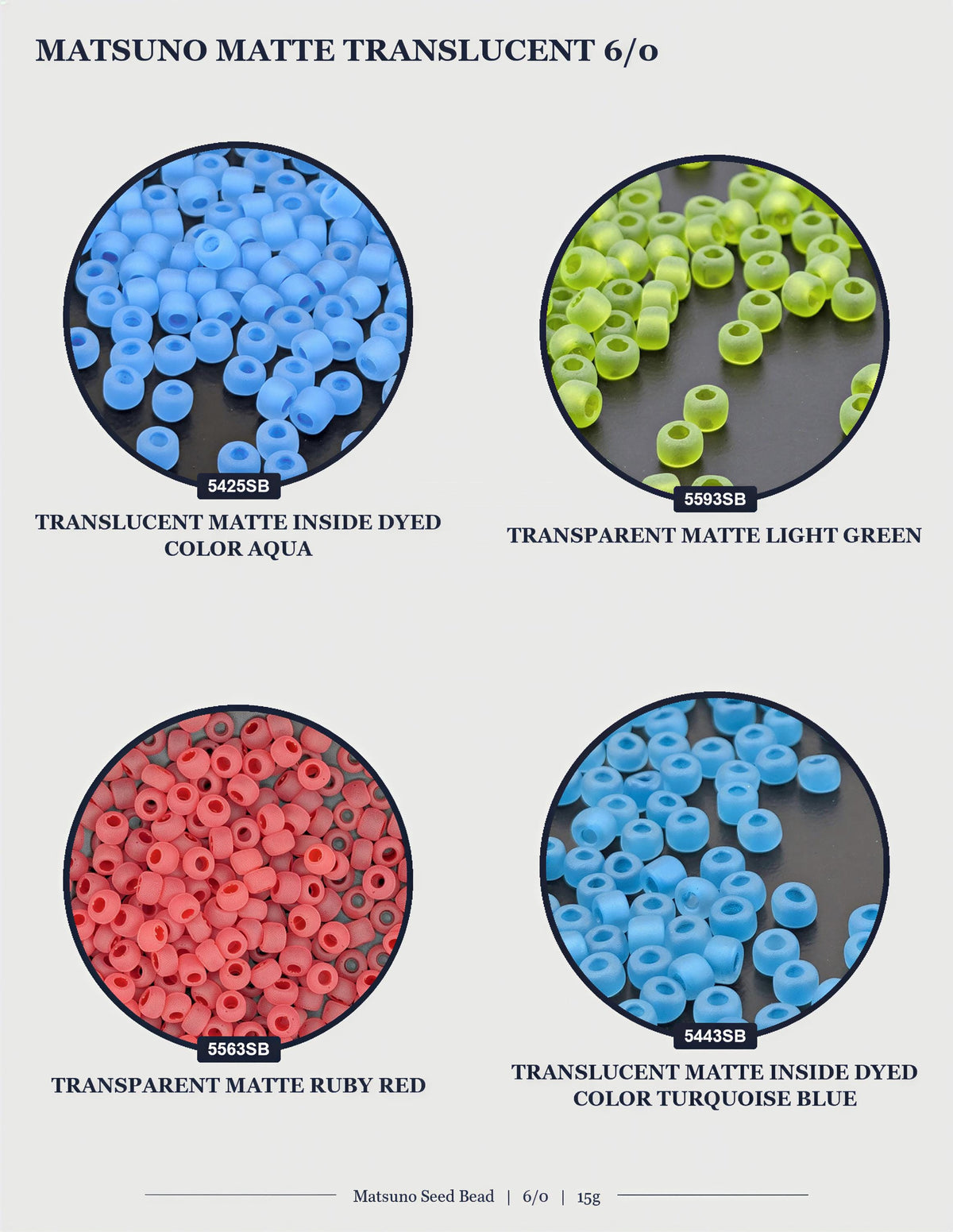 four circular images, each showing a different type of Matsuo seed bead in various colors, including transparent and colored beads.