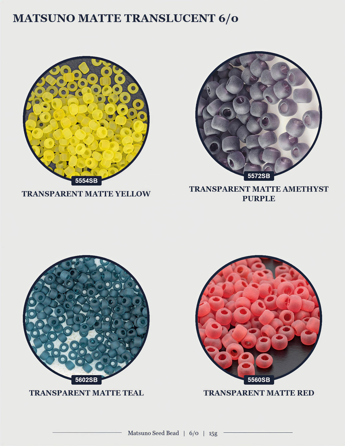 four circular images, each displaying a different colored bead, including yellow, purple, teal, and red beads.