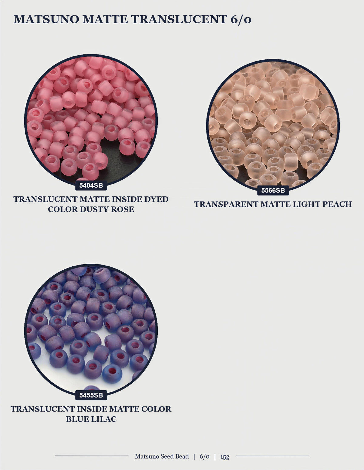 three different types of Matsuo seed beads, each with a distinct color: pink, light peach, and blue lilac.