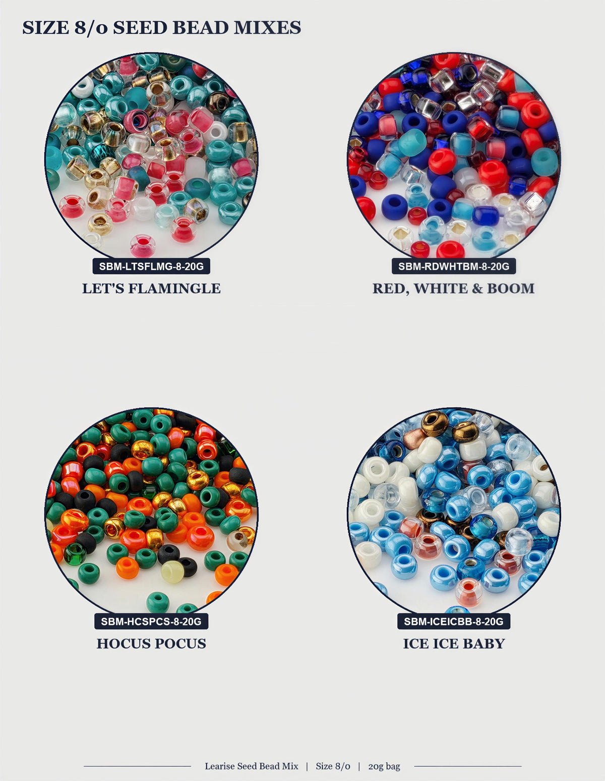 four circular images, each showcasing a different type of seed bead mix, including a variety of colors and sizes.