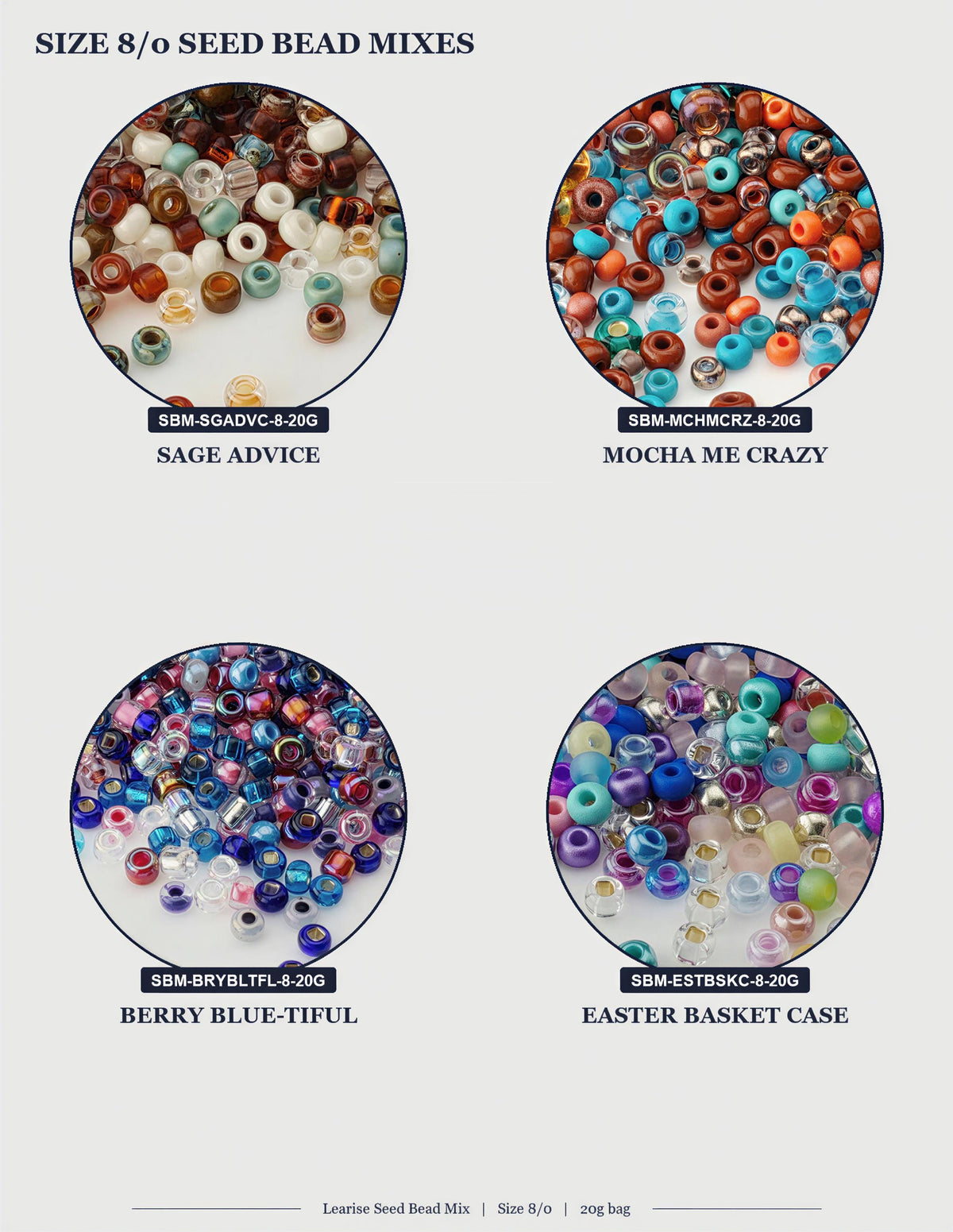 four circular images, each showcasing a different type of seed bead mix. The first image displays a variety of beads in shades of brown, white, and blue. The second image features a mix of beads in shades of blue, green, and purple. The third image shows a mix of beads in shades of blue, purple, and pink. The fourth image displays a mix of beads in shades of blue, purple, and pink.
