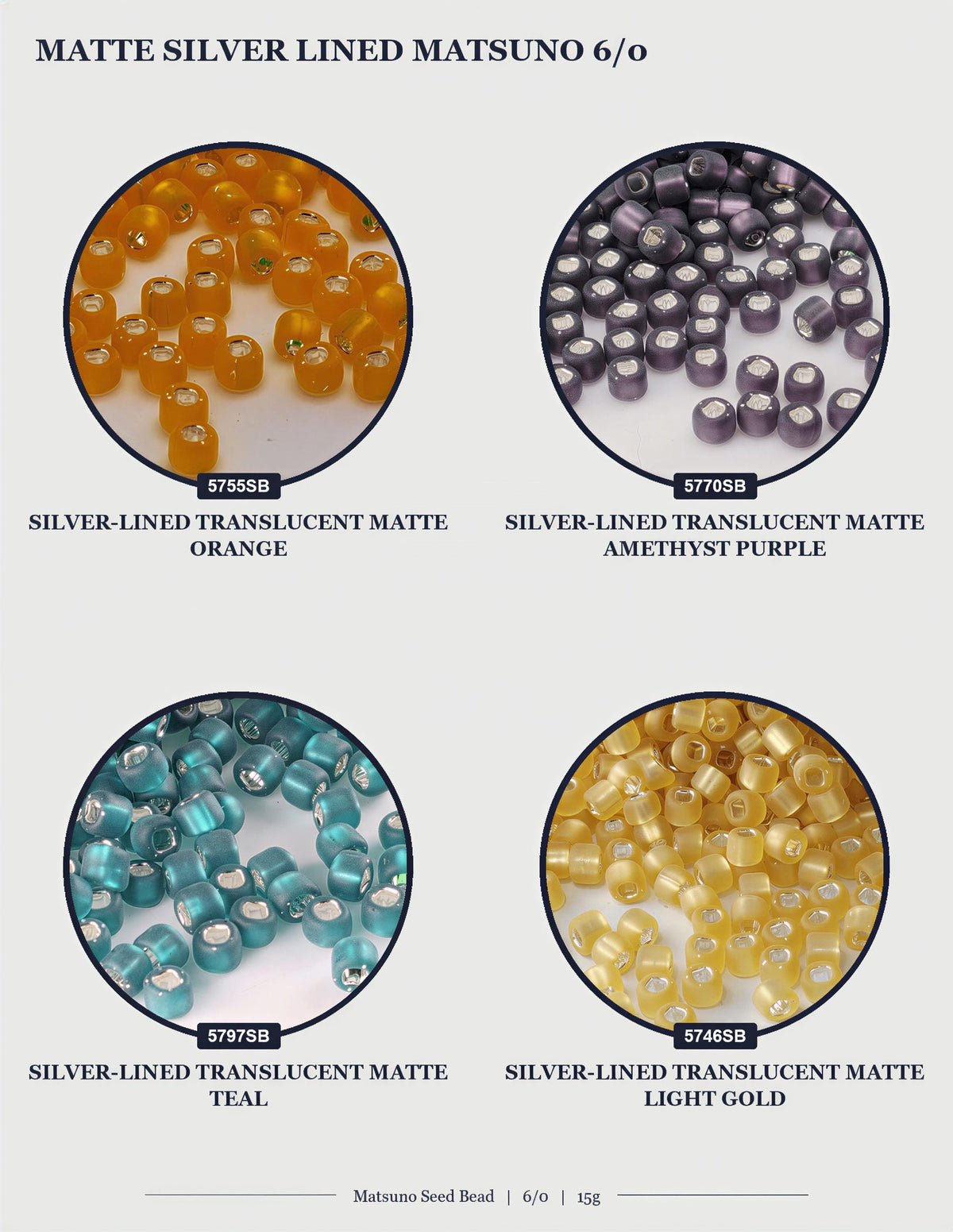 four different types of silver-lined matted beads, each with a unique color and pattern.