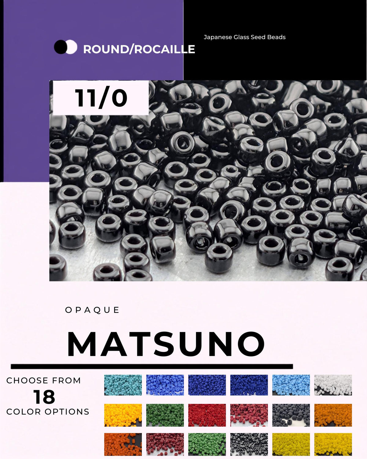 The image is a collage of various Japanese glass seed beads, including the Matsuño beads, presented in different colors.