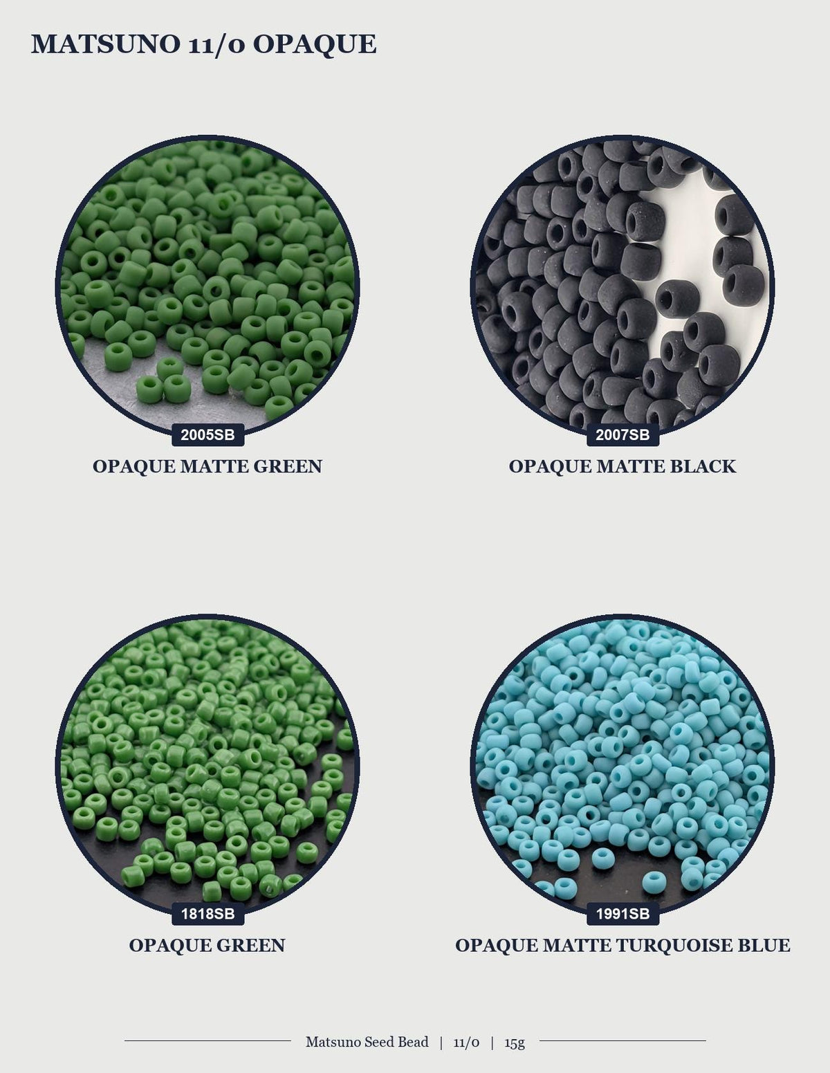 four different circular images, each showing a different color of Matsuo seed beads. The first image is green, the second is black, the third is blue, and the fourth is green.